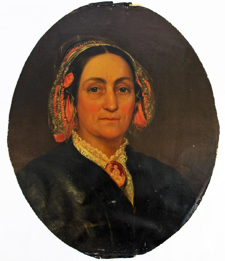 19TH CENTURY EARLY AMERICAN PORTRAIT PAINTING: Early 19th Century oil on canvas painting of a lady wearing a lace and floral headdress with a lace collar and a cameo. W.E. Rogers 16 Arcade Phila on verso. 20" x 17" (Framed 27" x 23"). Some damage 