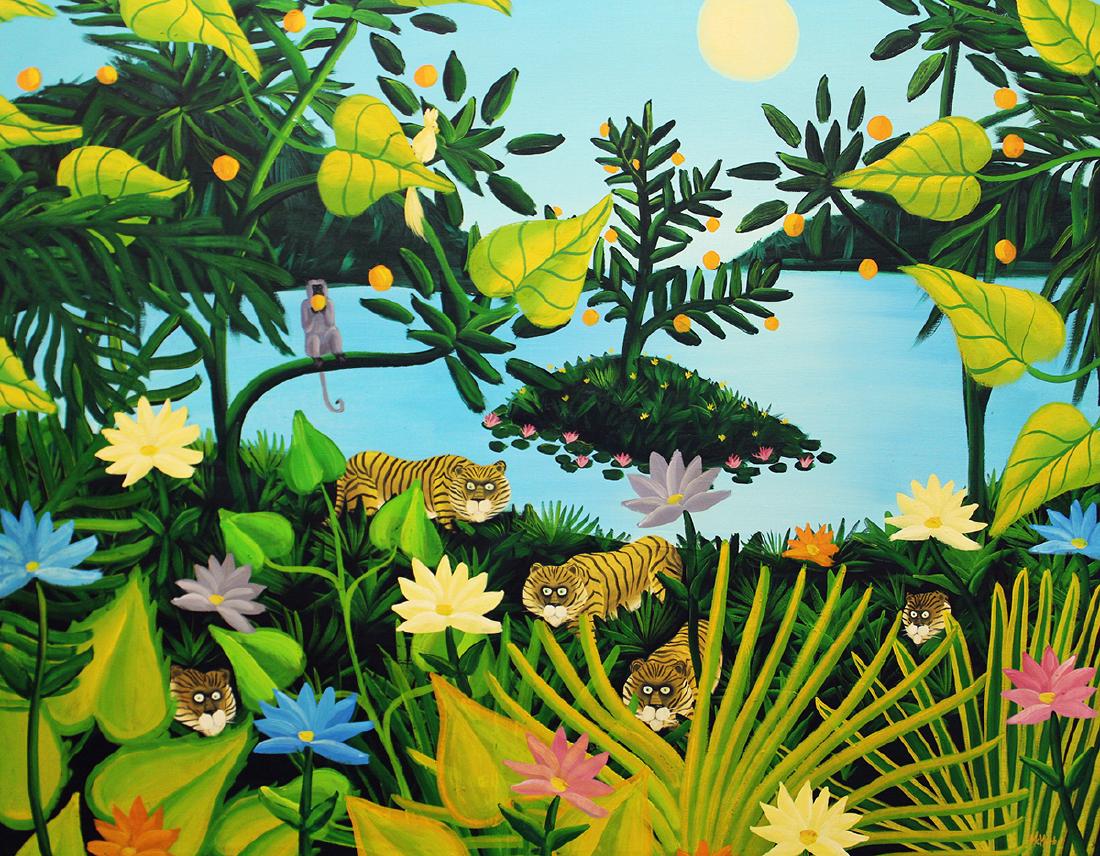 MCMAHON JUNGLE PAINTING: Colorful oil on canvas painting of a jungle scene with monkeys, tigers, and birds. Signed lower right Mcmahon. 50" x 40" & 55.5" x 45.5" framed.