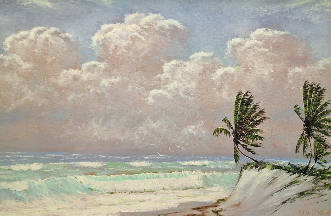 ROY MCLENDON RIO MAR HIGHWAYMEN PAINTING: Roy Mclendon (b.1932) Highwaymen painting of a Florida beach scene "Rio Mar" with palm trees and sand dune. Signed lower right. 36" x 23" on upson board.