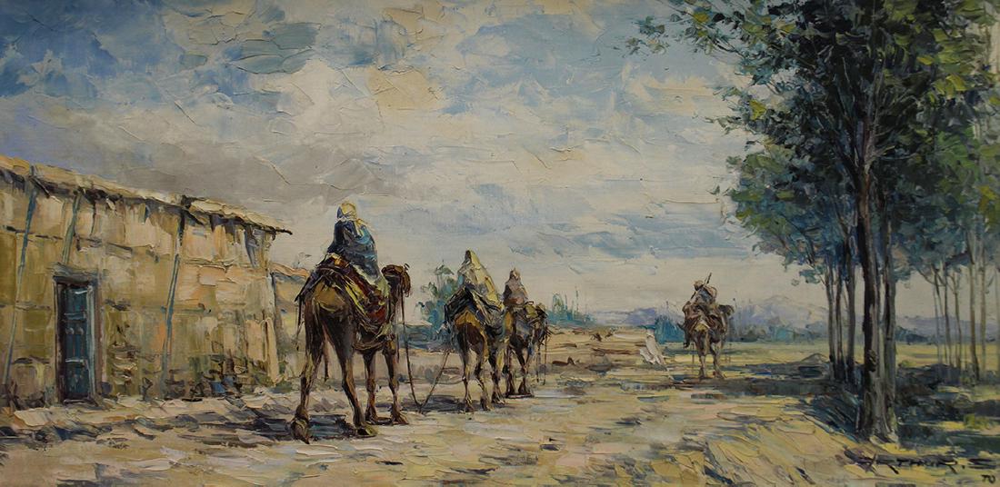 ARTHUR SARKISSIAN PAINTING: Arthur Sarkissian (Iranian 20th Century) Oil on canvas painting of a several figures riding camels along a road with buildings to the left. Signed lower right and also on reverse. Measures 31 1/2" x 1