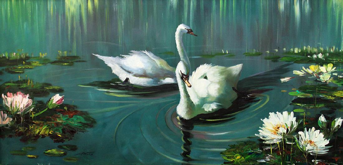 SWANS OIL ON CANVAS PAINTING - F. WANG: Oil on canvas painting of swans in a pond with lilies. Signed lower right. Measures 53" x 28 1/2"