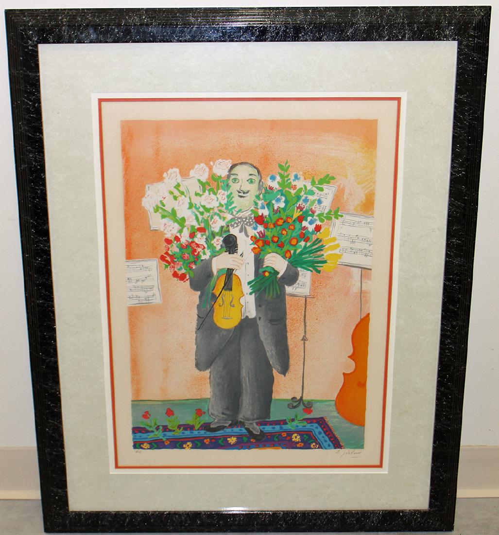 LENNART JIRLOW MUSICIAN LITHOGRAPH: Lennart Jirlow (b. 1936) H.C. Edition lithograph of a violin player. Pencil signed lower right. 34" x 27 1/4" w/ frame.
