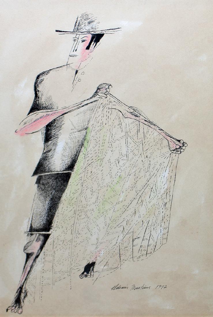 ALDEMIR MARTINS BULLFIGHTER INK PAINTING: Aldemir Martins (Brazilian 1922-2006) Pen and ink mixed media painting of a bullfighter. 21 1/2" x 14 1/2" (Framed 26 1/2" x 19 1/2")