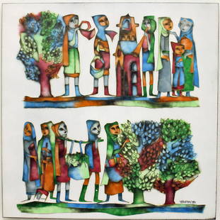 JOSEPH TRIPPETTI "HARVESTERS": Joseph Trippetti (b.1923) Colorful enamel art titled "Harvesters." 12" x 12" and 17 1/4" x 17 1/4" w/ frame.