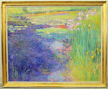 SAM BARBER "SPRING FLOWERS" PAINTING: Sam (Samir) Barber (b.1943) Large Impressionist painting of a pond with lilies and colorful flowers. Signed lower left. 59.5" x 47.5" (sight) and 66.25" x 54.25" with frame.