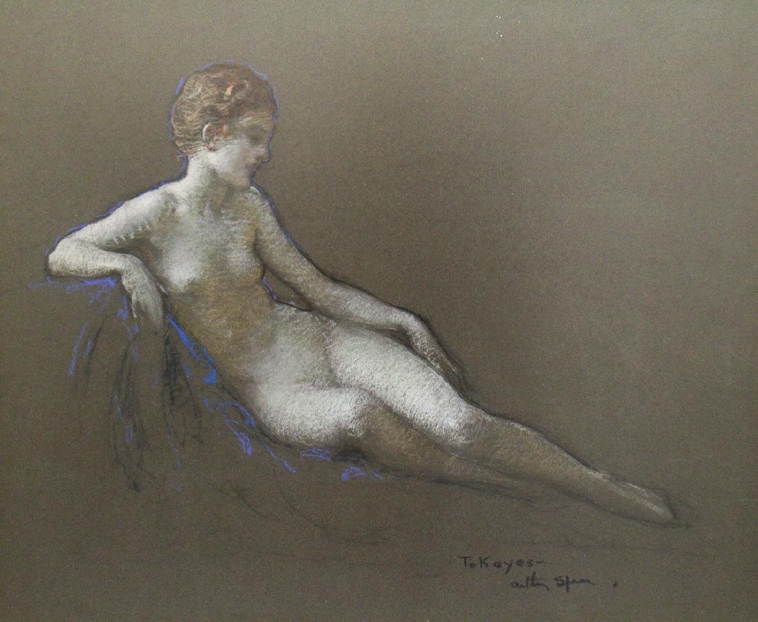 ARTHUR SPEAR RECLINING NUDE PASTEL: Arthur Prince Spear (1879-1959) Pastel painting on paper of a reclining nude young woman. Signed lower right. 23" x 19" (sight) and 26 1/4" x 22 1/2" w/ frame.