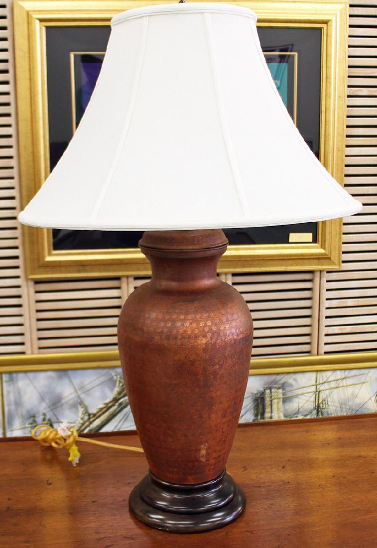 FREDERICK COOPER COPPER LAMP: Frederick Cooper hand hammered copper lamp with Frederick Cooper shade. 35" to top of finial.