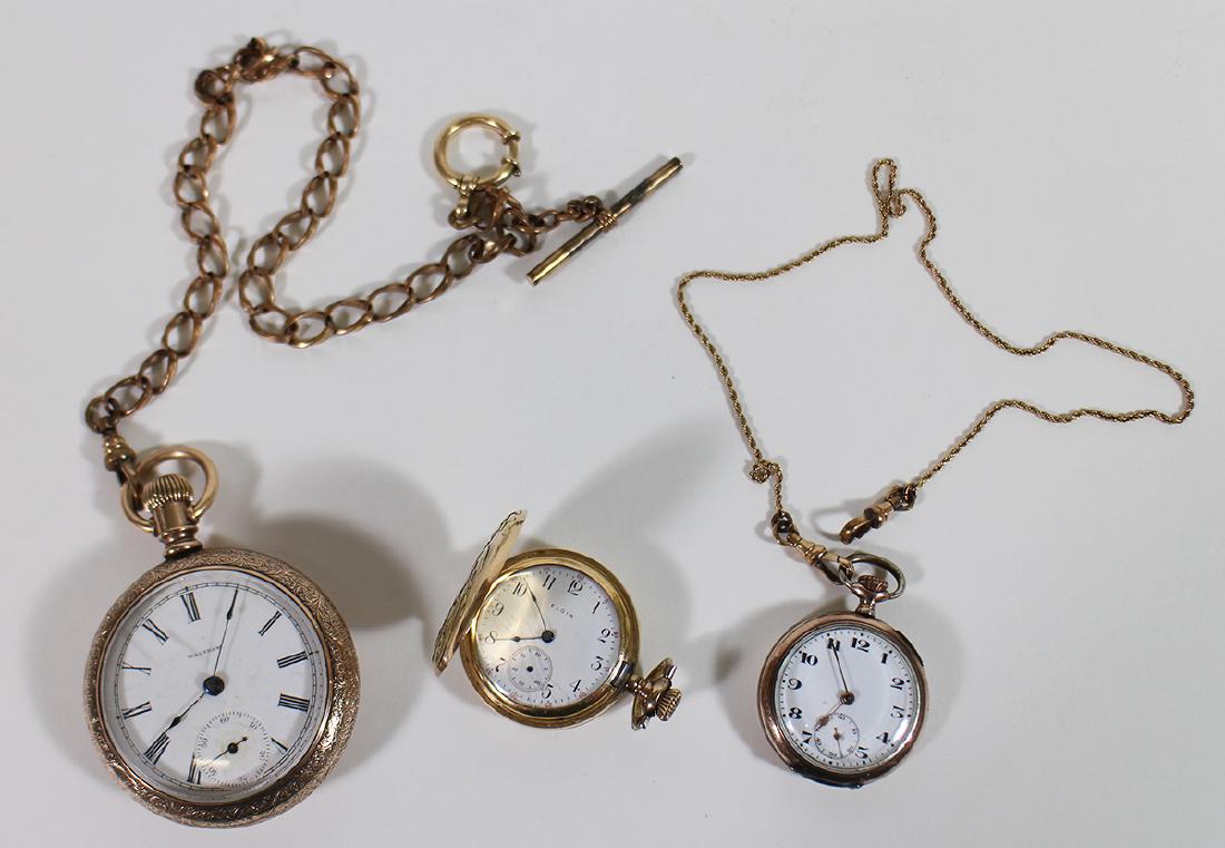 (3) POCKET WATCHES - WALTHAM, ELGIN, & MORE: Waltham pocket watch with fob, Elgin 15 jewel with mixed metal colored floral case watch, and 800 silver case watch with fob. All watches working.