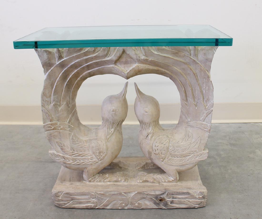 CARVED WOOD BIRD MOTIF END TABLE WITH GLASS TOP (1 of 1)