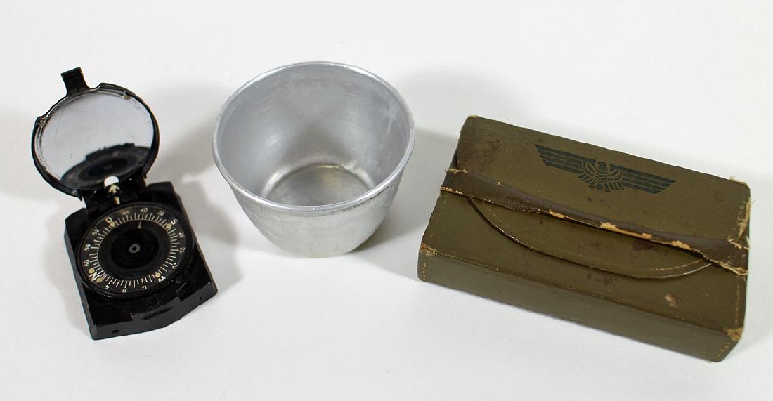 WWII GERMAN ARMY COMPASS, SEWING KIT, & CUP: Includes a German WWII Army compass marked CXN, a Belding Corticelli Co US Manufacturer Nazi sewing kit and a Nazi aluminum cup.