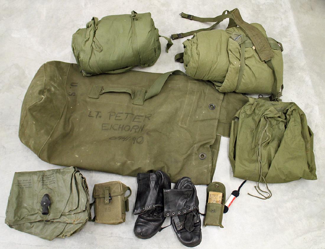 POST WWII US ARMY DUFFLE BAG & ACCESSORIES: Includes sleeping bags, ammunition case, burn kit, jump boots and more.