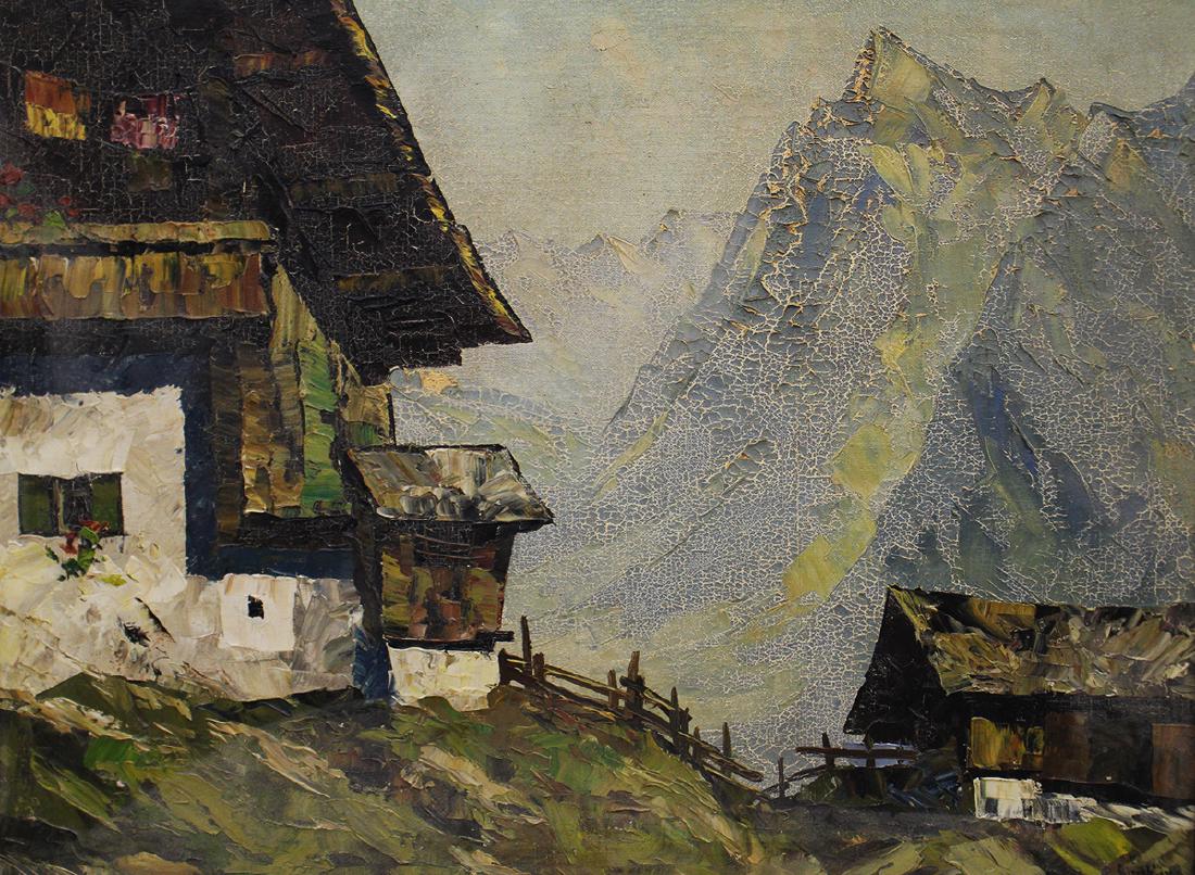 MOUNTAIN VILLAGE PAINTING ILLEGIBLY SIGNED: Oil painting of a mountain village in a gold gilt frame. The painting was taken from the home of a Nazi General in Bavaria after WWII ended. It measures 32" x 24" (Framed 38" x 31 1/2"). Some paint lo