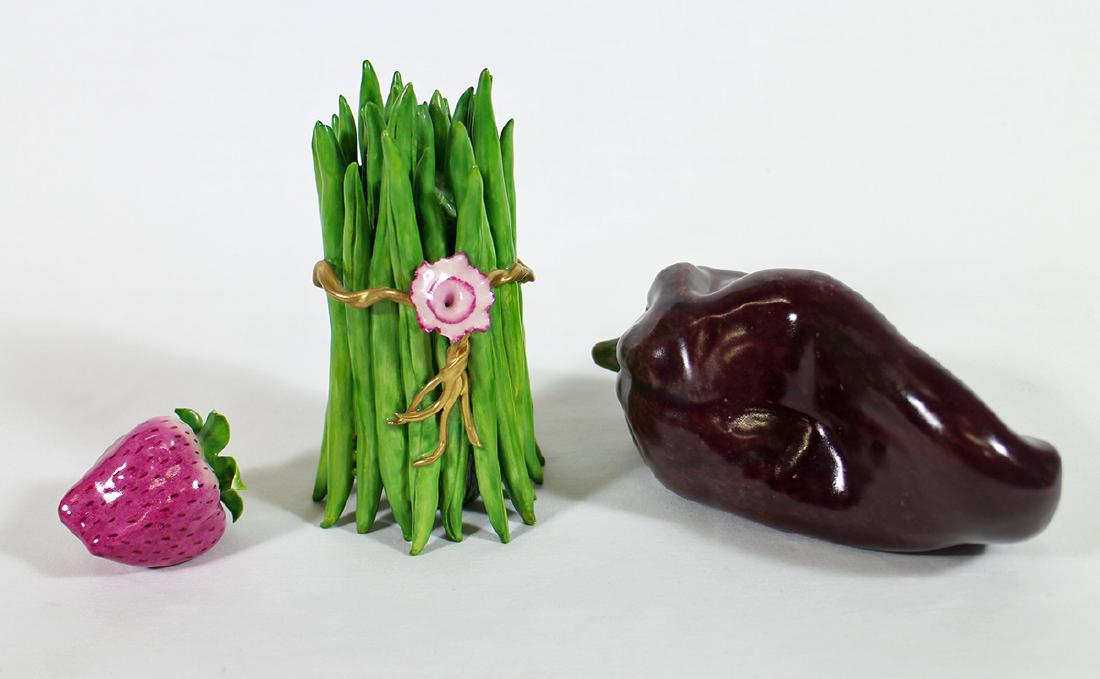 KATHERINE HOUSTON PORCELAIN & MORE: Katherine Houston artist signed porcelain "bouquet of beans" (5 3/8" tall - small chip) and strawberry. Eggplant unsigned.