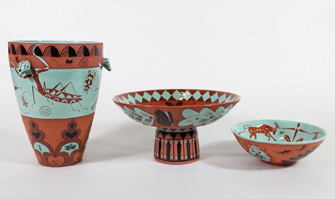 JAPANESE TERRACOTTA COMPOTE, BOWL, & VASE (1 of 6)