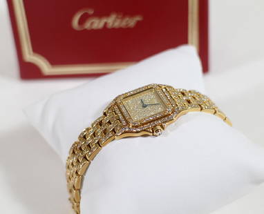 LADIES 18K GOLD & DIAMOND CARTIER PANTHERE WATCH: Ladies 18KT yellow gold Cartier Panthere wristwatch with diamonds. Face approximately 1" x 1" wide. Includes box. Approximately 6.5" wrist.