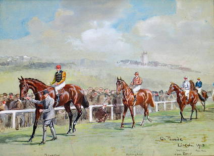 JOHN BEER HORSE RACING PAINTING: John Beer (1860-1930) Watercolor & gouache painting on paper "On Parade Lincoln 1903". Signed lower right. Each horse is titled at bottom. 14.25" x 10.25" (sight) and 22" x 18" w/ frame.