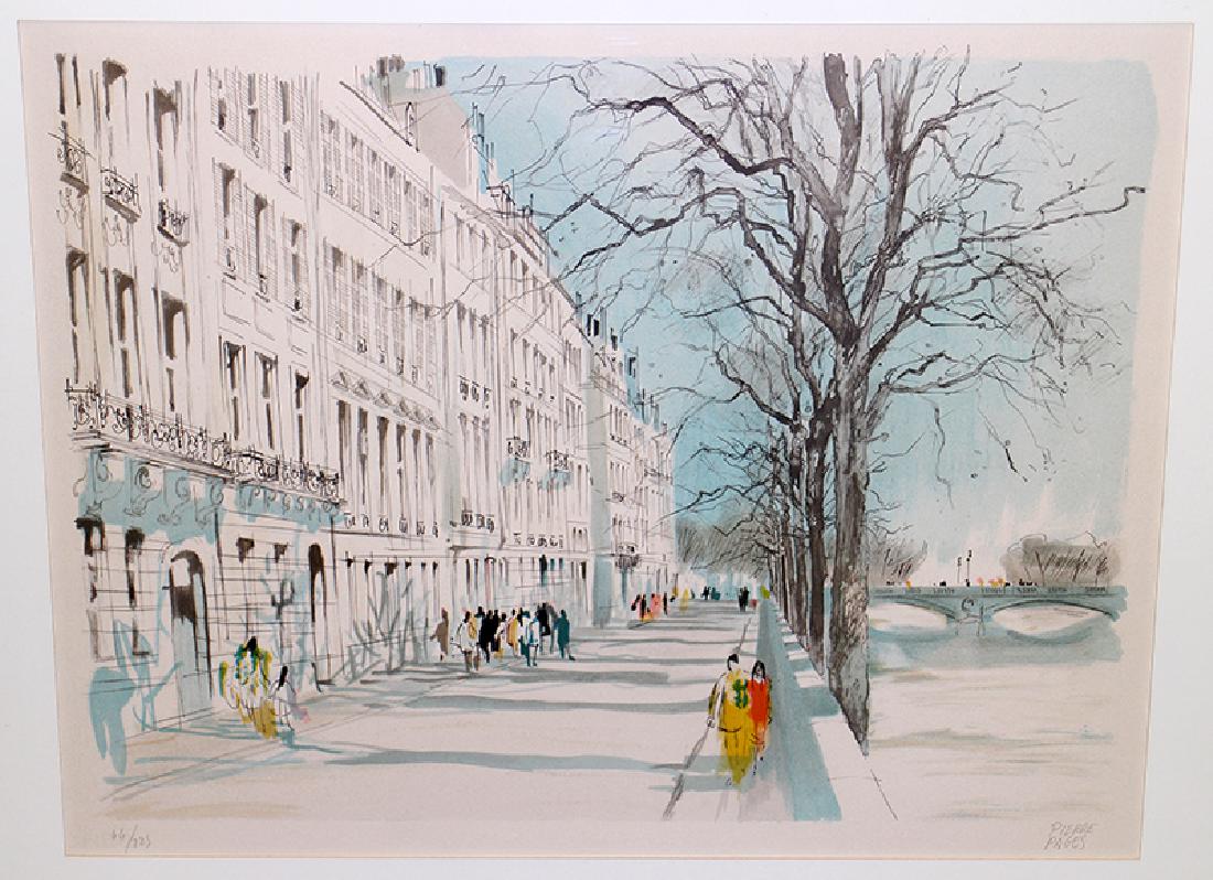 PIERRE PAGES LITHOGRAPH: Pierre Pages (b.1933) French winter street scene. Pencil signed and numbered 44/225. 30" x 24.5" w/ frame.