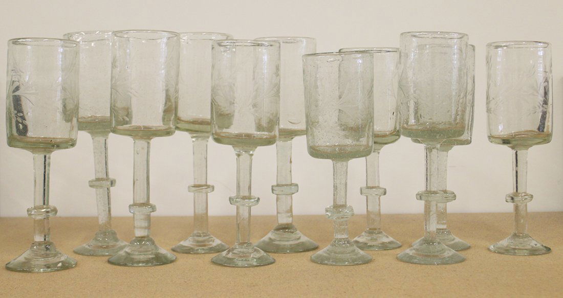 (12) ANTIQUE FREE BLOWN ETCHED FIRING GLASSES (1 of 3)