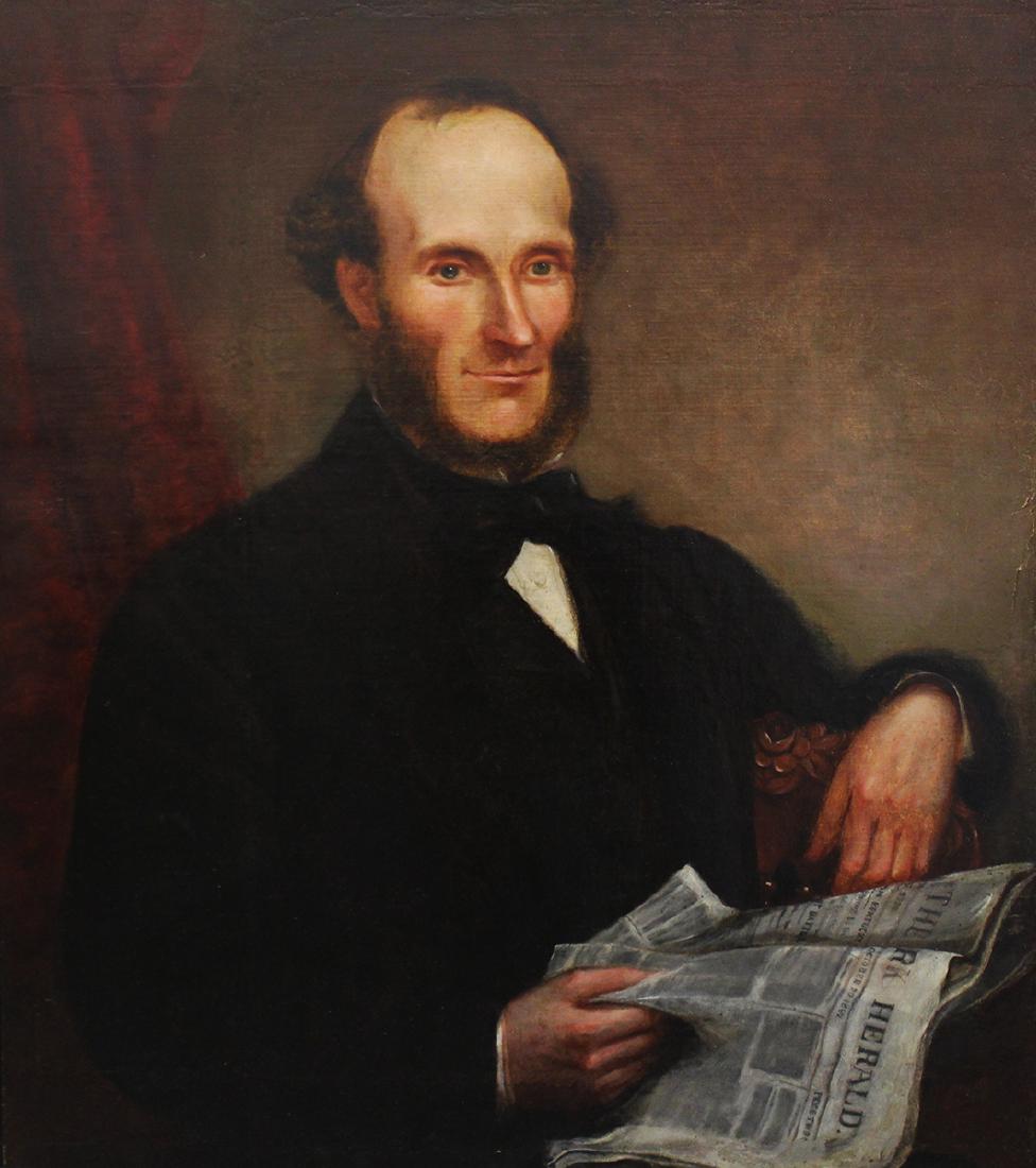 19TH CENTURY PORTRAIT PAINTING: American School portrait painting of a man reading a newspaper - The New York Stark, dated October 20, 1862. Measures 32" x 28"