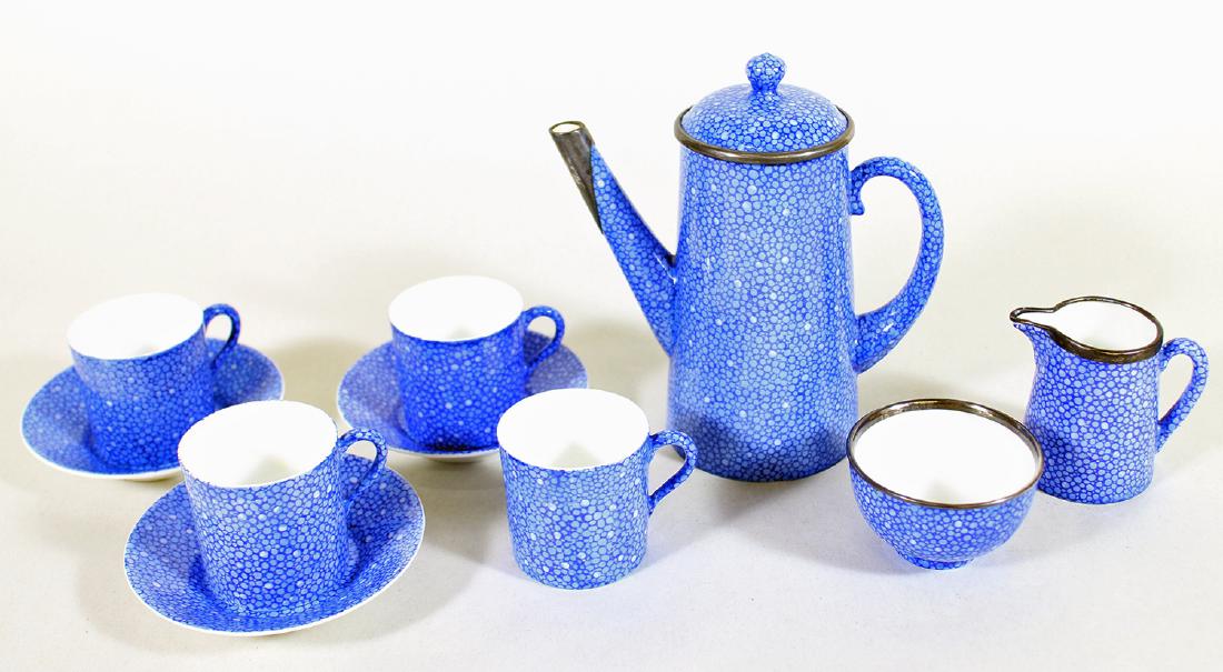 ROYAL DOULTON SHAGREEN SILVER MOUNT DEMITASSE: This demitasse set dates to the 1920's. It is a blue set with a sterling silver trim and is hallmarked with the 1920's Royal Doulton logo and G.B. & Sons (George Betjeman) a high end retailer. There a
