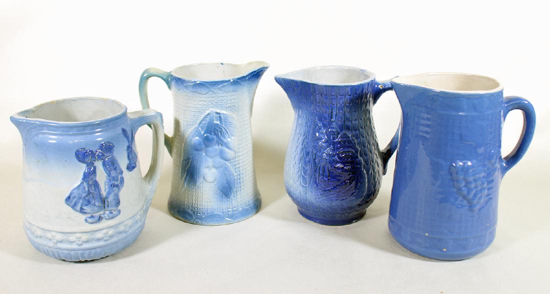 (4) BLUE SALT GLAZED STONEWARE PITCHERS (1 of 2)
