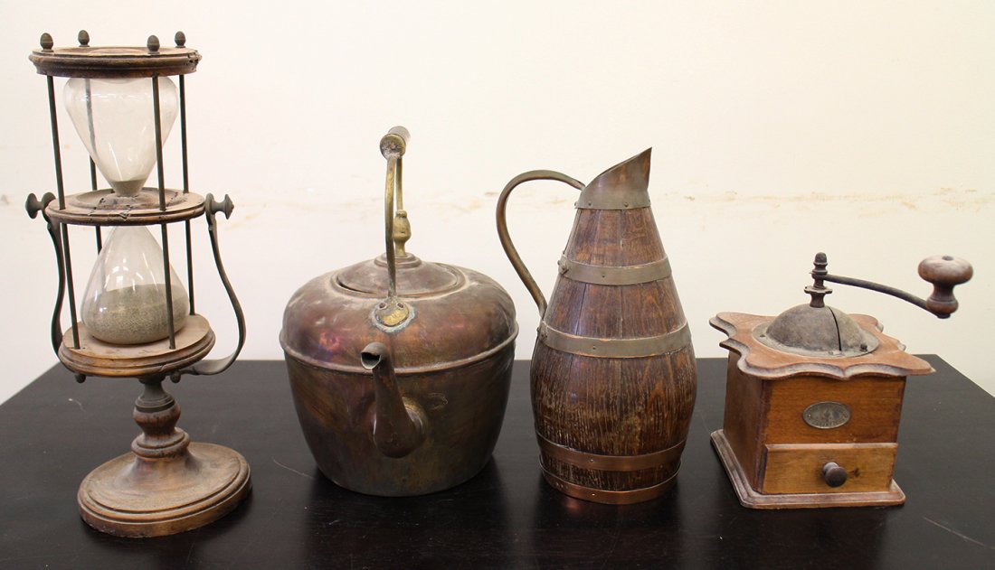 COFFEE GRINDER, HOURGLASS, & MORE: Coffee grinder, hourglass (sand leaks and some worm holes), and more.