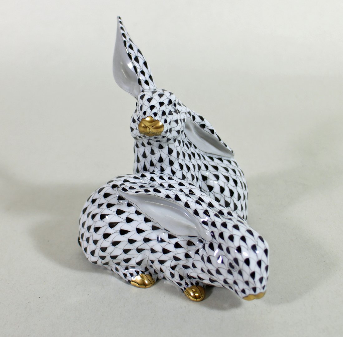 HEREND BLACK FISHNET BUNNY RABBITS FIGURINE (1 of 3)