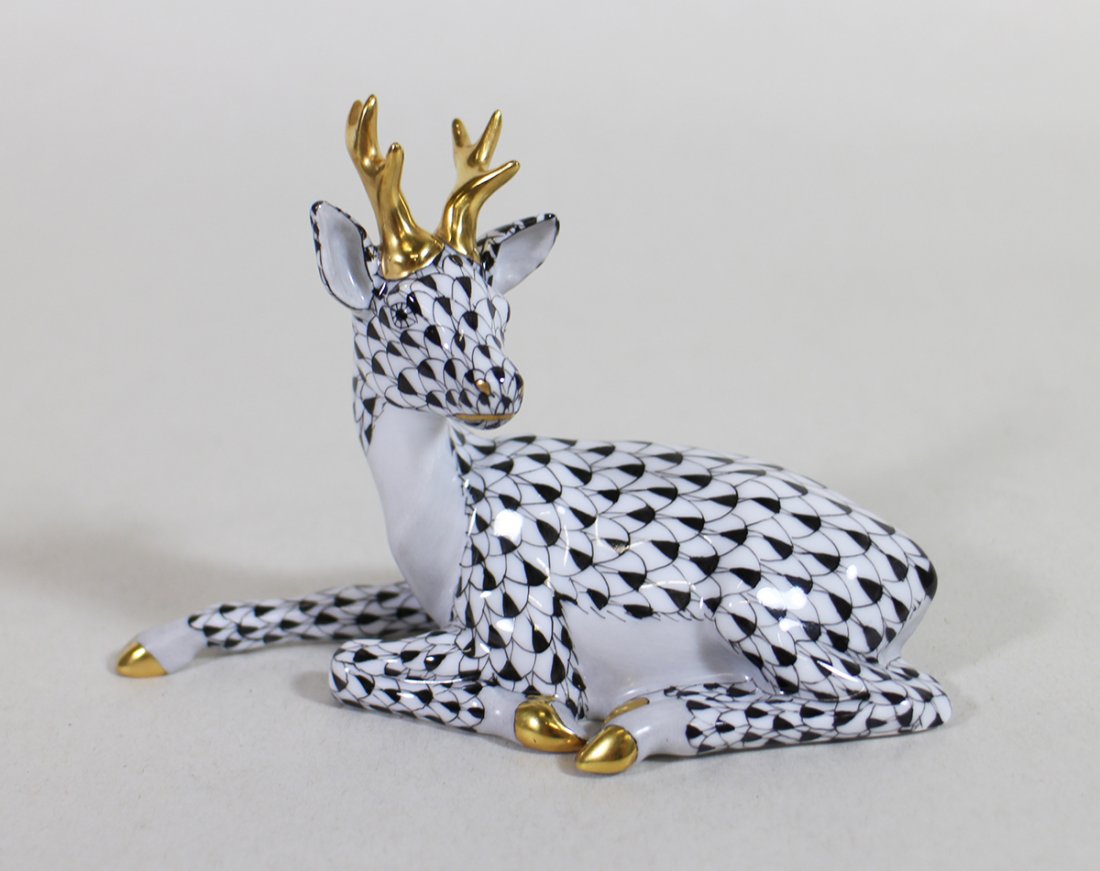 HEREND BLACK FISHNET LYING BUCK FIGURINE (1 of 2)
