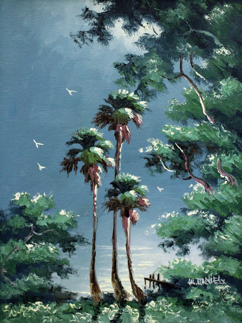 WILLIE DANIELS HIGHWAYMEN PAINTING: Willie Daniels (b.1950) Highwaymen painting of a night time river scene with palm trees. Signed lower right. Measures 16" x 12" and 21 1/2" x 17 1/4" w/ frame.