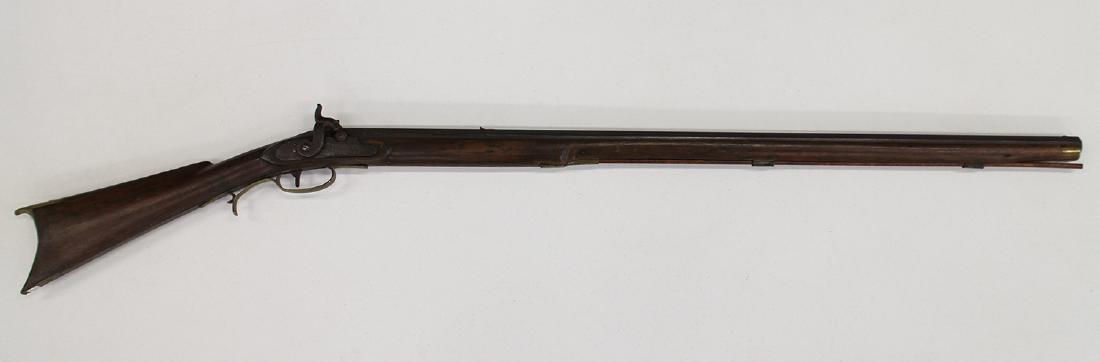 FULL STOCK PERCUSSION LONG RIFLE: Full stock - walnut, no patch box, brass nose cap, (3) wedges to hold barrel to stock, smoothbore abt. .58 cal, octagon barrel, no apparent makers marks. 51.5" long. Possibly a Southern rifle that was