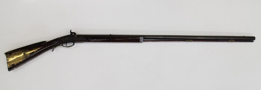 HALF STOCK PERCUSSION LONG RIFLE: Half stock, conv. from flint, 8" patchbox with top button release, walnut stock, pewter forend, no apparent marks, cracked hammer. Overall 53" long. PURCHASE OF FIREARMS IS SUBJECT TO FFL TRANSER. FIR