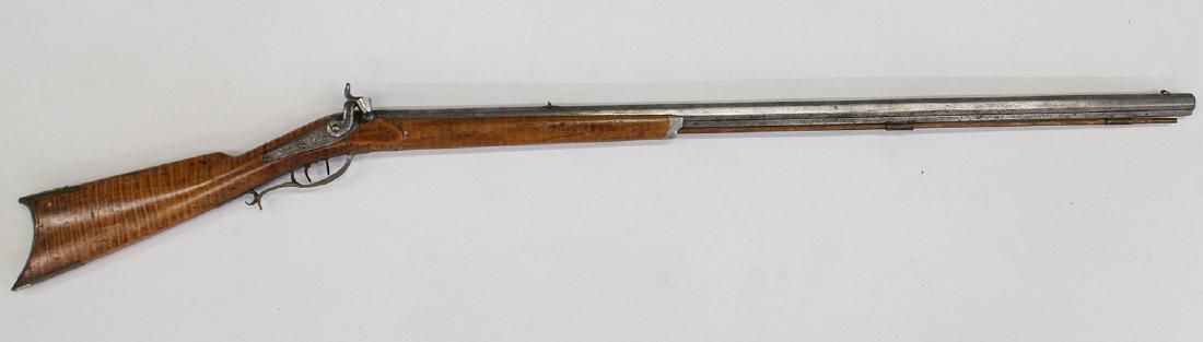 JOSF. GOLCHER PERCUSSION KENTUCKY LONG RIFLE: Joseph Golcher backlock, percussion half stock, curly maple, double set triggers, .36 cal, no cheek rest, pewter nose cap, 54" overall length. PURCHASE OF FIREARMS IS SUBJECT TO FFL TRANSER. FIREARMS 