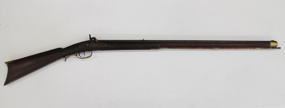PERCUSSION RIFLE LONG GUN: .375 Bore, plain walnut stock, brass butt plate, trigger guard, nose cap, no apparent marks, double set triggers, 47 3/4" overall length. PURCHASE OF FIREARMS IS SUBJECT TO FFL TRANSER. FIREARMS THAT