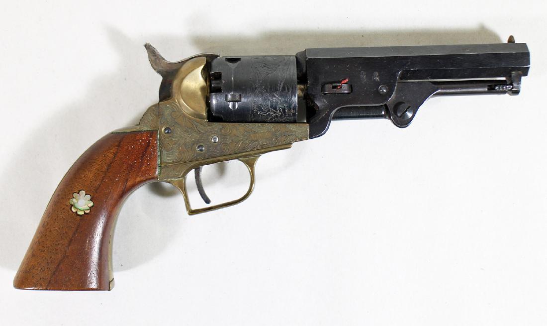 COLT TYPE POCKET MODEL .31 CALIBER REPRO REVOLVER: Reproduction Colt type black powder pocket model .31 caliber with a 4" barrel and square back trigger guard. Engraved and marked Allard. Italian proof marks on right side of barrel. Brass frame with a