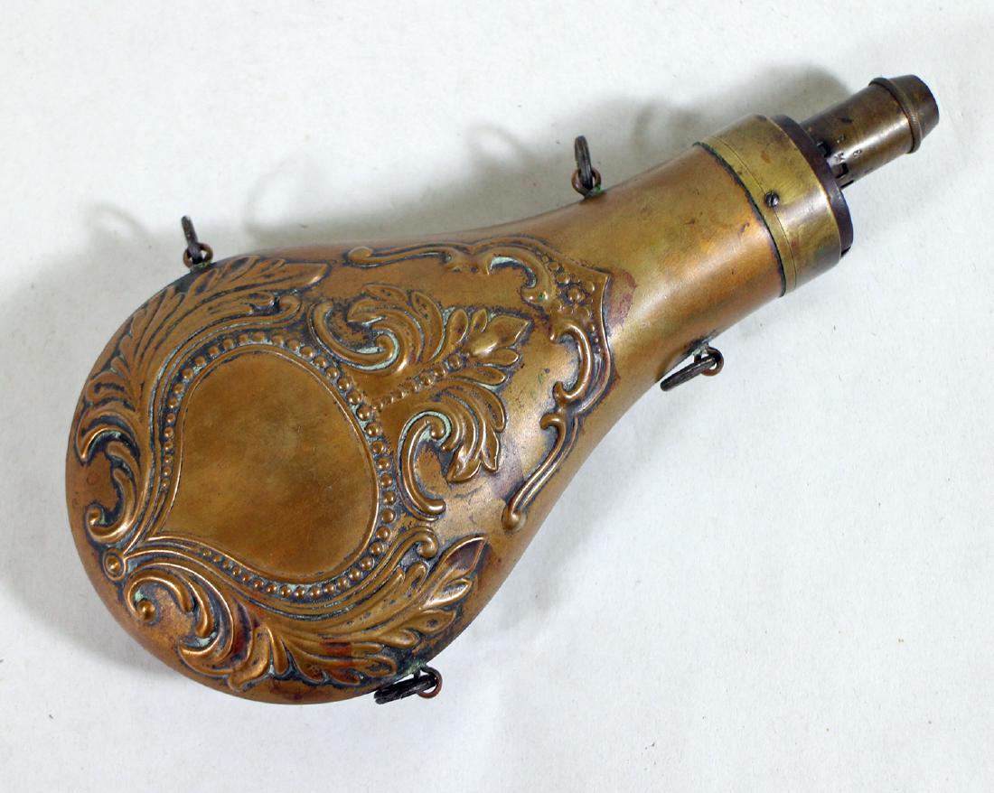 CIVIL WAR ERA COPPER EMBOSSED POWDER FLASK (1 of 3)