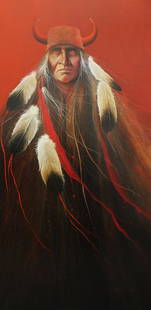 FRANK HOWELL NATIVE AMERICAN PAINTING: Frank Howell (1937-1997) Oil on canvas painting of a Native American Indian. Signed lower right and dated 1977. Measures 48" x 24" & 51.5" x 27.25" w/ frame.