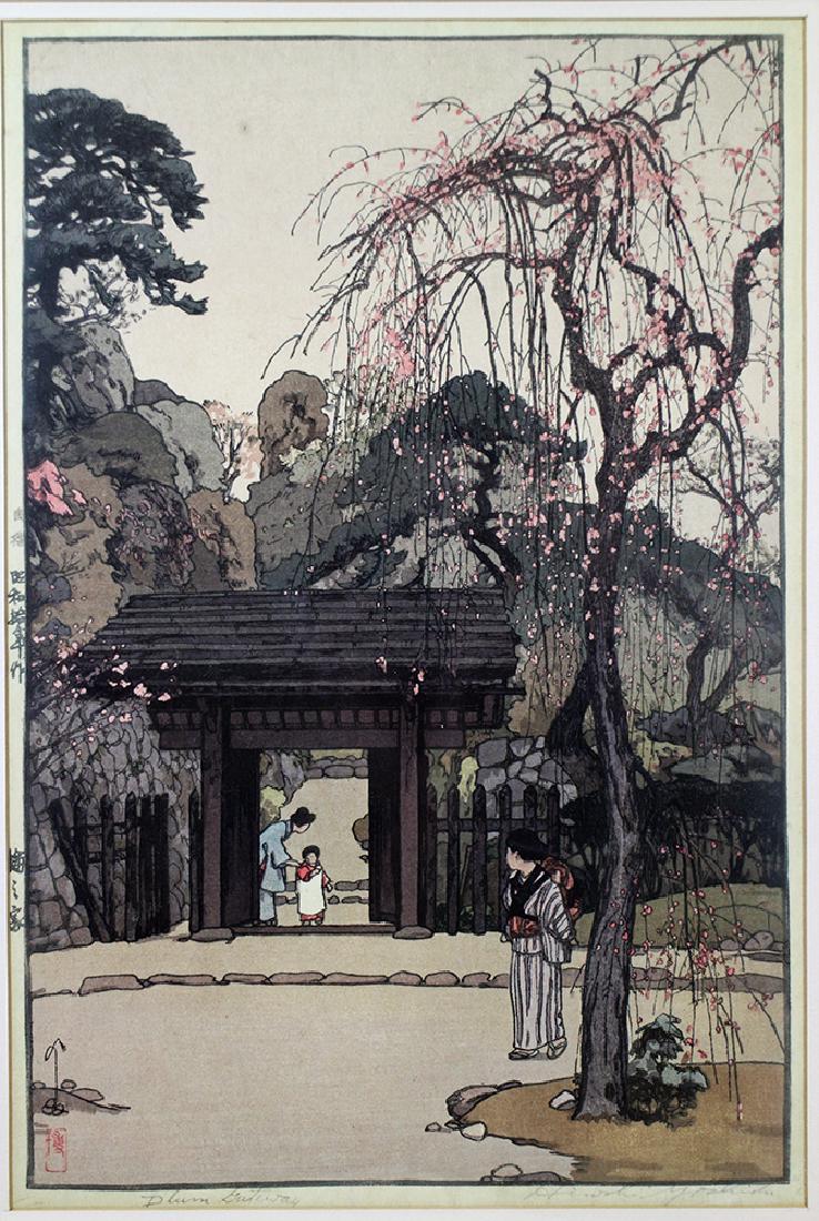 HIROSHI YOSHIDA PLUM GATEWAY WOODBLOCK: Hiroshi Yoshida (1876-1950) Japanese woodblock print titled "Plum Gateway." Signed in pencil lower right. Measures 15 1/8" x 10 1/4" (sight) and 24 1/2" x 19" with frame.