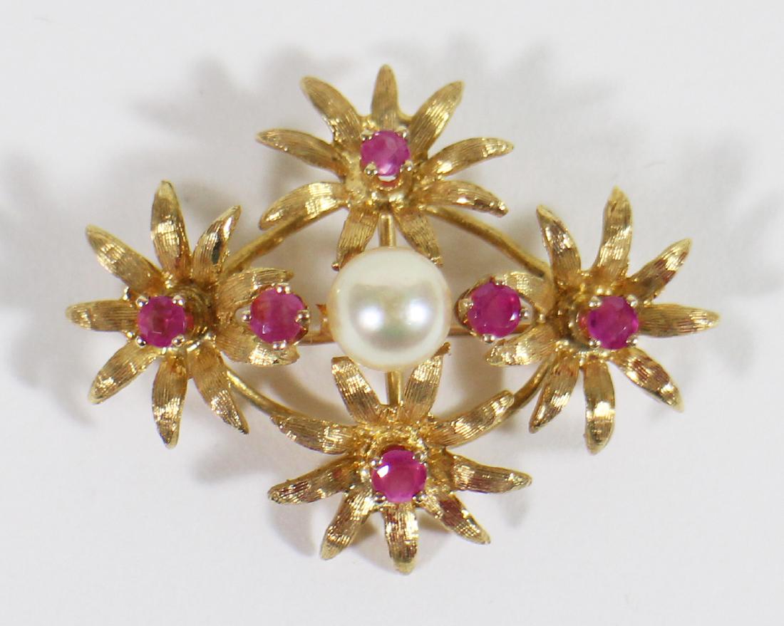 18K GOLD PEARL & RUBY BROOCH (1 of 3)
