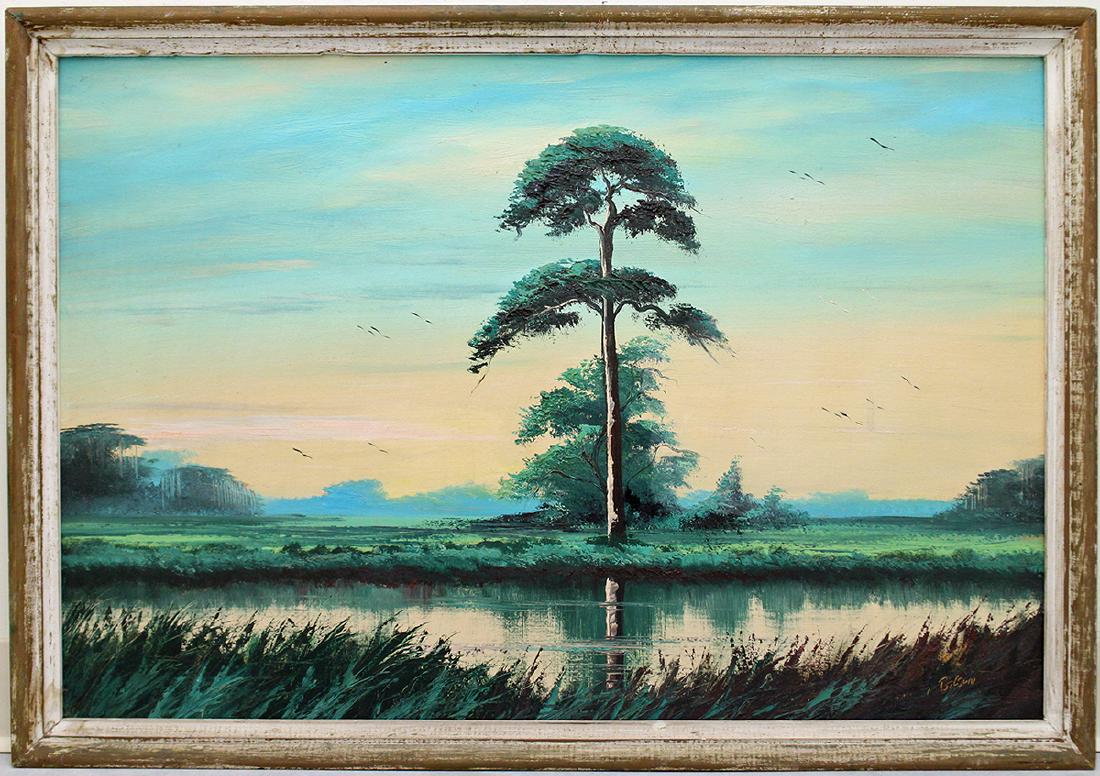 JAMES GIBSON HIGHWAYMEN PAINTING: James Gibson (1938-2017) Vintage Highwaymen painting of a Florida morning backwoods scene with tall pine tree. Signed lower right. Measures 36" x 24" on upson board and 37.25" x 26.25" w/ frame.