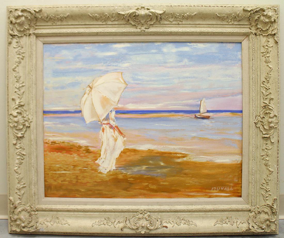 IMPRESSIONIST PAINTING "LOW TIDE" BY DUVALL: An impressionist painting of a lady carrying a parasol on the beach, titled, Low Tide. Signed lower right Duvall. Measures 22" x 28" (Framed 32" x 38")
