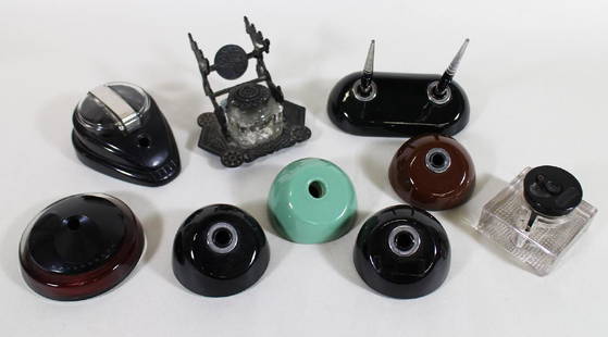 VINTAGE INKWELL COLLECTION: Includes a Judd, a Heywood Wakefield Co Bakelite, Esterbrook No 444, Esterbrook Dip-Less Fountain Well No 407, an Esterbrook inkwell with 2 pens and other assorted inkwells.