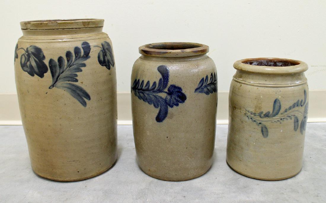 ANTIQUE STONEWARE BLUE FLOWER SPRAY CROCKS (1 of 2)