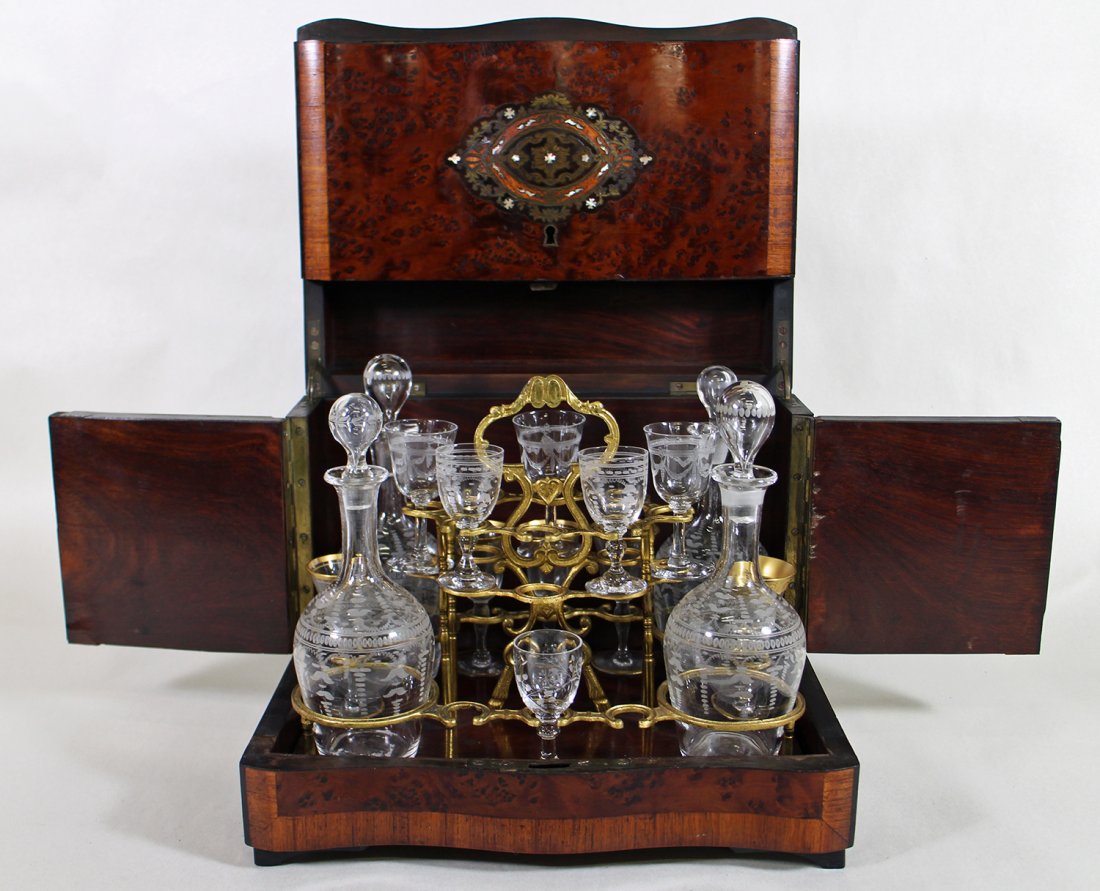 19TH CENTURY INLAID BURLWOOD TANTALUS DECANTER SET