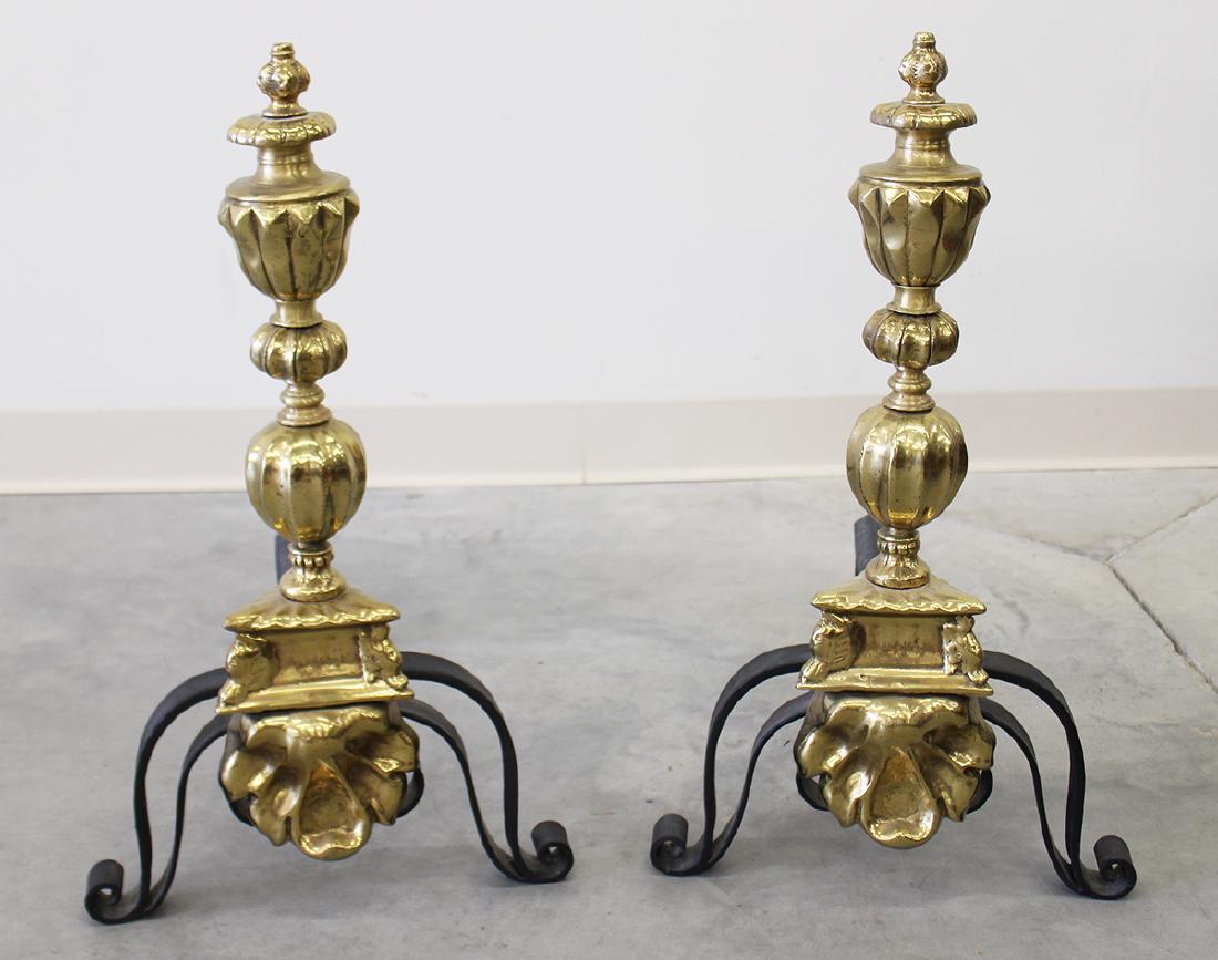 BRASS & IRON FIREPLACE ANDIRONS: Measures 24" X 13 1/2" X 21"