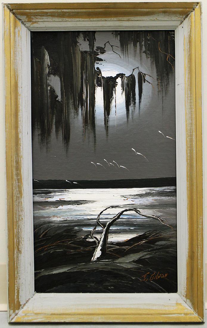 JAMES GIBSON HIGHWAYMEN PAINTING: James Gibson (1938-2017) Highwaymen painting of a Florida night scene with bright moon and hanging spanish moss. Measures 22.25" x 13.5" on upson board & 25.25" x 15.75" w/ frame.