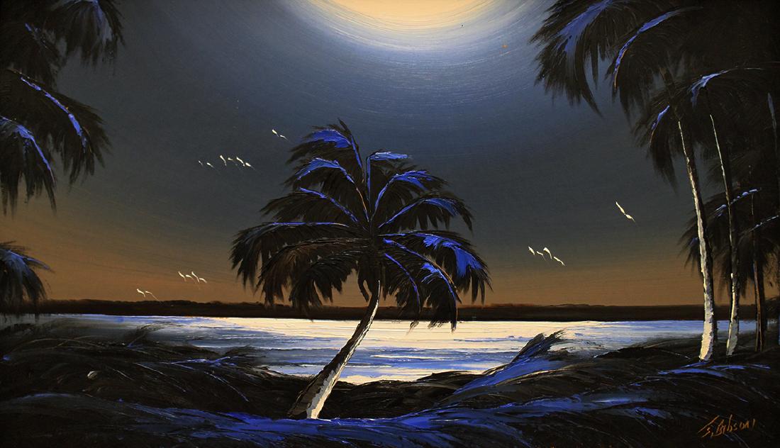 JAMES GIBSON HIGHWAYMEN PAINTING: James Gibson (1938-2017) Highwaymen painting of Florida night river scene with palm trees. Signed lower right. Measures 38" x 22.5" on upson board & 40.5" x 25" w/ frame.