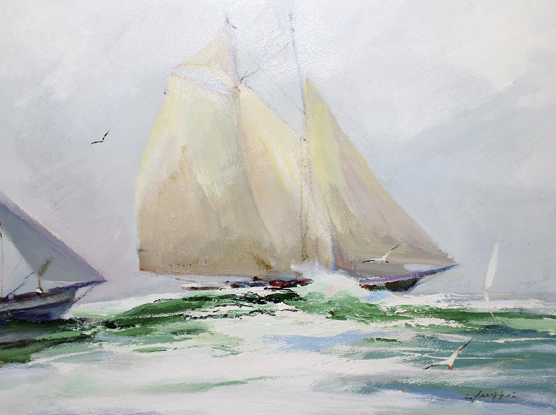 CHARLES C. GRUPPE "SAILS AT SEA" PAINTING: Charles C. Gruppe (b. 1928) Acrylic painting titled "Sails at Sea" with sailboats & flying birds. Signed lower right. Measures 28" x 21" (sight) and 38.5" x 31.5" w/ frame.