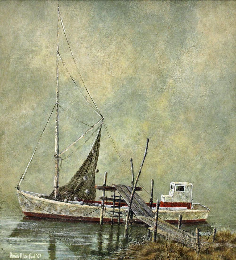 AMOS MUMFORD PAINTING: Amos Mumford (1928-2016) Oil painting on canvas of a fishing boat. Signed lower left and dated 67'. Measures 22" x 20.25" and 27" x 25.25" w/ frame.