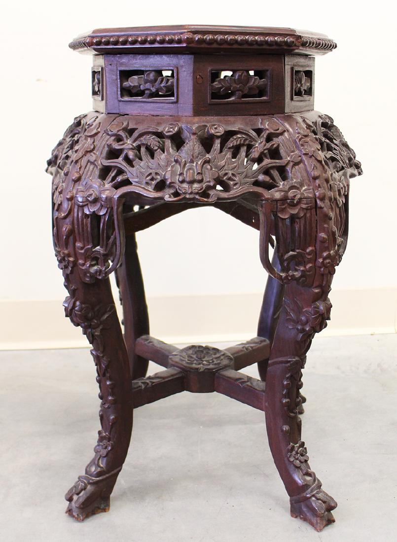 CHINESE CARVED WOOD OCTAGON TABLE W/ MARBLE (1 of 4)