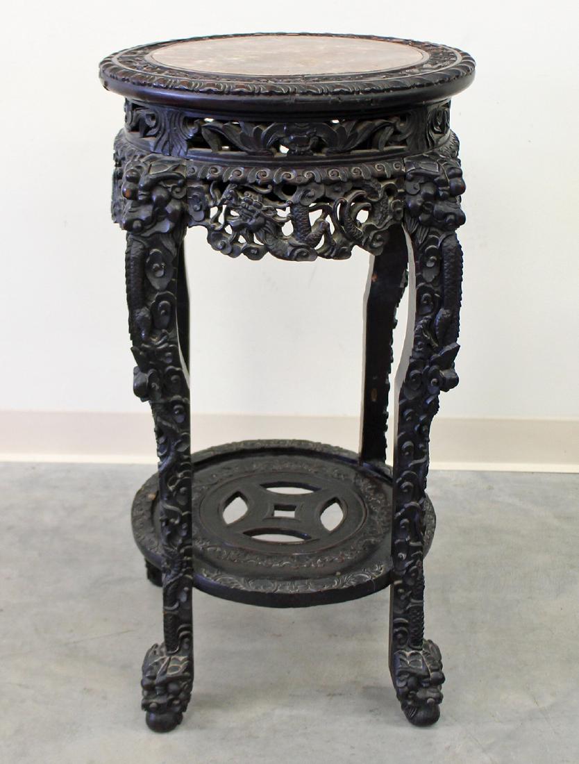 CHINESE CARVED WOOD TABLE W/ MARBLE (1 of 4)